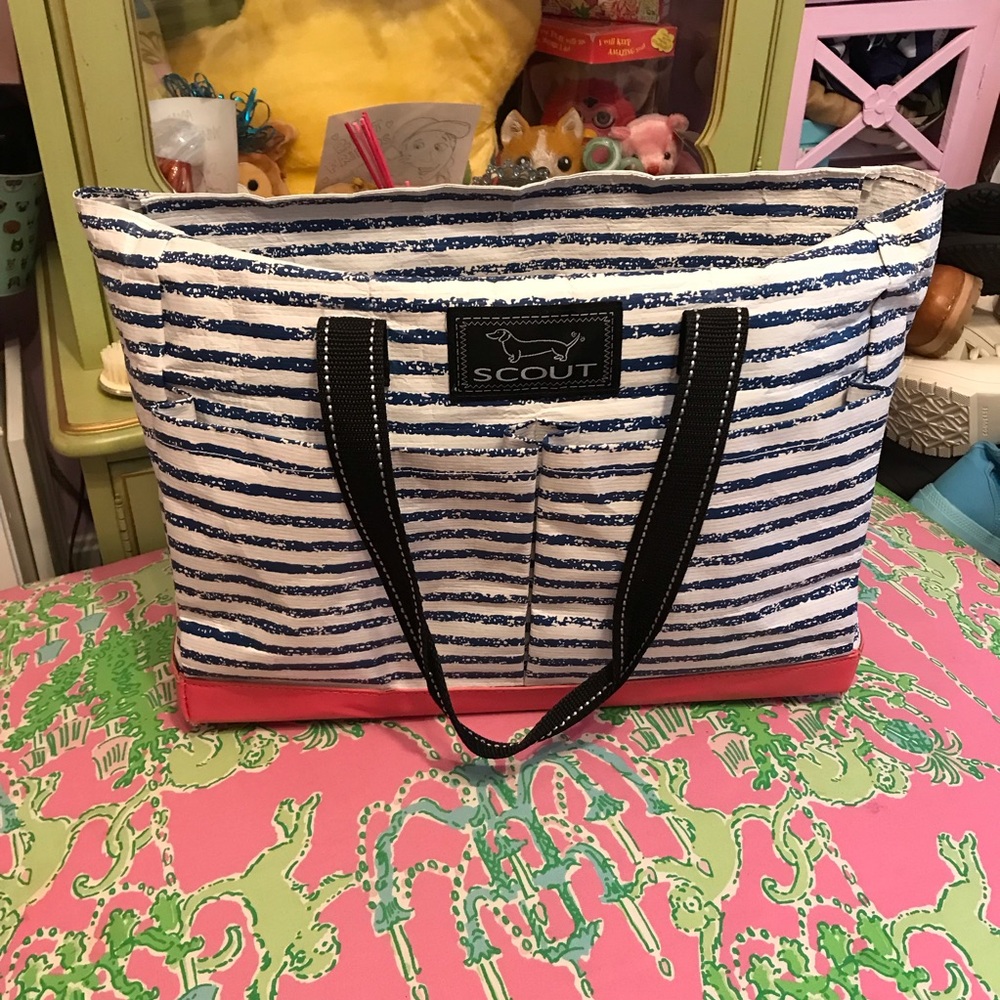Scout Navy Pink Striped Tote Bag UPTOWN POCKET TOTE MEDIUM weather woven